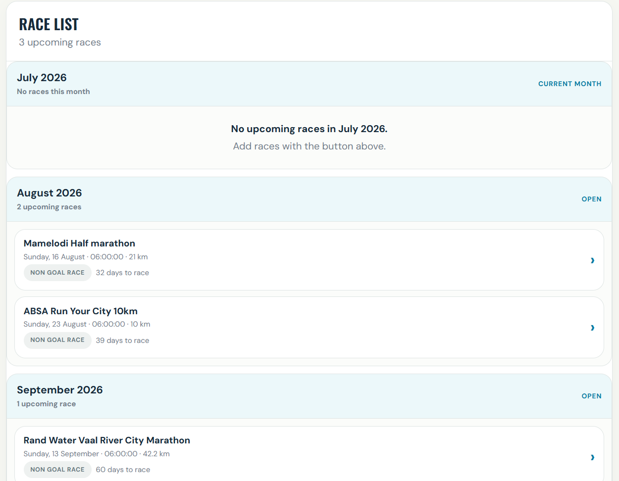 RacePace Athlete Portal race list