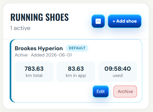 RacePace Athlete Portal running shoe tracker